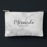 Modern Script Personalised Bridesmaid Name Accessory Pouch<br><div class="desc">Modern Script Personalised Bridesmaid Gift
featuring personalised bridesmaid's name in grey modern script font style with title and wedding date in modern sans serif font style on white marble background.

Also perfect for maid of honour,  flower girl,  mother of the bride and more.</div>