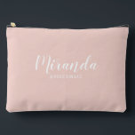 Modern Script Personalised Bridesmaid Name Accessory Pouch<br><div class="desc">Modern Script Personalised Bridesmaid Gift
featuring personalised bridesmaid's name in white modern script font style with title and wedding date in modern sans serif font style on blush pink background.

Also perfect for maid of honour,  flower girl,  mother of the bride and more.</div>