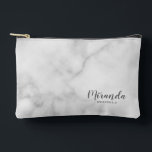 Modern Script Personalised Bridesmaid Name Accessory Pouch<br><div class="desc">Modern Script Personalised Bridesmaid Gift
featuring personalised bridesmaid's name in grey modern script font style with title and wedding date in modern sans serif font style on white marble background.

Also perfect for maid of honour,  flower girl,  mother of the bride,  groomsman,  best man and more.</div>