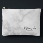 Modern Script Personalised Bridesmaid Name Accessory Pouch<br><div class="desc">Modern Script Personalised Bridesmaid Gift
featuring personalised bridesmaid's name in grey modern script font style with title and wedding date in modern sans serif font style on white marble background.

Also perfect for maid of honour,  flower girl,  mother of the bride,  groomsman,  best man and more.</div>