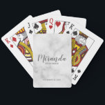 Modern Script Personalised Bridesmaid Playing Cards<br><div class="desc">Personalised Bridesmaid Gifts
This design features personalised bridesmaid's name in grey modern script font style with title and wedding date in grey modern sans serif font style on white marble background.

Also perfect for maid of honour,  mother of the bride and more.</div>