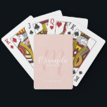 Modern Script Personalised Bridesmaid Playing Cards<br><div class="desc">Personalised Bridesmaid Gifts This design features personalised bridesmaid's name in white modern script font style and monogram in blush pink modern script font style as background with title and wedding date in white modern sans serif font style on blush pink background. Also perfect for maid of honour, mother of the...</div>