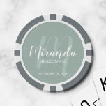 Modern Script Personalised Bridesmaid Poker Chips<br><div class="desc">Add a personal touch to your wedding with personalised bridesmaid poker chips. This design features personalised bridesmaid's name in white modern script font style and monogram in sage green modern script font style as background with title and wedding date in white modern sans serif font style on sage green background....</div>