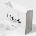Modern Script Personalised Bridesmaids Large Gift Bag<br><div class="desc">Modern Script Black and White Personalised Bridesmaids Gift Bag
featuring personalised bridesmaid's name in modern calligraphy font style with title and wedding date in modern sans serif font style on white background.

Also perfect for Maid of Honour,  Flower Girl,  Mother of the Bride,  Groomsmen,  Best man and more.</div>