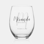 Modern Script Personalised Bridesmaids Name Stemless Wine Glass<br><div class="desc">Add a personal touch to your wedding with personalised bridesmaids gift. This design features personalised bridesmaid's name in grey modern script font style and monogram in light grey modern script font style as background with title and wedding date in grey modern sans serif font style. Also perfect for maid of...</div>