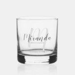 Modern Script Personalised Bridesmaids Name Whiskey Glass<br><div class="desc">Add a personal touch to your wedding with personalised bridesmaids gift. This design features personalised bridesmaid's name in grey modern script font style and monogram in light grey modern script font style as background with title and wedding date in grey modern sans serif font style. Also perfect for maid of...</div>