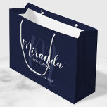 Modern Script Personalised Bridesmaids Navy Blue Large Gift Bag<br><div class="desc">Personalised Bridesmaids Gift Bag featuring personalised bridesmaid's name in white modern script font style and monogram in light navy blue modern script font style as background with title and wedding date in white modern sans serif font style on navy blue background. Also perfect for groomsman, best man, ring bearer, father...</div>