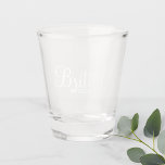 Modern Script Personalised Bridesmaids Shot Glass<br><div class="desc">Modern Personalised Bridesmaids Shot Glass
featuring personalised bridesmaid's name in white modern calligraphy font style with title and wedding date in white modern sans serif font style.

Also perfect for maid of honour,  flower girl,  mother of the bride,  groomsman,  best man,  father of the bride and more.</div>