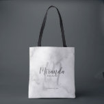 Modern Script Personalised Bridesmaids Tote Bag<br><div class="desc">Add a personal touch to your wedding with personalised bridesmaids gift tote bag. This tote bag features personalised bridesmaid's name in grey modern script font style and monogram in light grey modern script font style as background with title and wedding date in grey modern sans serif font style on white...</div>