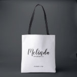Modern Script Personalised Bridesmaids Tote Bag<br><div class="desc">Modern Script Personalised Bridesmaids Tote Bag
featuring personalised bridesmaid's name in black modern script font style with title and wedding date in modern sans serif font style on white background.

Also perfect for Maid of Honour,  Flower Girl,  Mother of the Bride and more.</div>