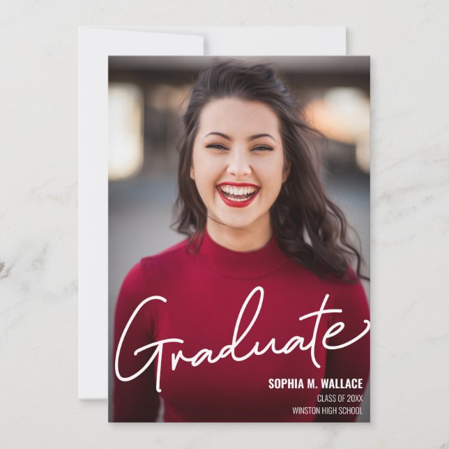 Modern Script Personalised Graduate Photo Announcement (Front)