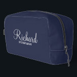 Modern Script Personalised Groomsman Dopp Kit<br><div class="desc">Personalised Groomsman Gifts
featuring personalised groomsman's name in white modern script font style with title and wedding date in modern sans serif font style on navy blue background.

Also perfect for best man,  father of the bride,  bridesmaid,  maid of honour,  mother of the bride and more.</div>