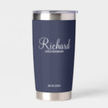 Modern Script Personalised Groomsman Insulated Tumbler<br><div class="desc">Personalised Groomsman Gifts
featuring personalised groomsman's name in white modern script font style with title and wedding date in modern sans serif font style on navy blue background.

Also perfect for best man,  father of the bride,  bridesmaid,  maid of honour,  mother of the bride and more.</div>