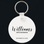 Modern Script Personalised Groomsman Key Ring<br><div class="desc">Personalised Groomsman Gifts
featuring personalised groomsman's name in black modern script font style with title and wedding date in modern sans serif font style on white background.

Also perfect for best man,  father of the bride,  bridesmaid,  maid of honour,  mother of the bride and more.</div>