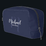 Modern Script Personalised Groomsman Monogram Name Dopp Kit<br><div class="desc">Add a personal touch to your wedding with personalised groomsman gift. This design features personalised groomsman's name in white modern script font style and monogram in light navy blue modern script font style as background with title in white modern sans serif font style on navy blue background. Also perfect for...</div>