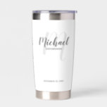 Modern Script Personalised Groomsman Name Insulated Tumbler<br><div class="desc">Add a personal touch to your wedding with personalised groomsman gift. This design features personalised groomsman's name in grey modern script font style and monogram in light grey modern script font style as background with title and wedding date in grey modern sans serif font style on white background. Also perfect...</div>