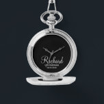 Modern Script Personalised Groomsman Watch<br><div class="desc">Personalised Groomsman Gifts
featuring personalised groomsman's name in white modern script font style with title and wedding date in modern sans serif font style on black background.

Also perfect for best man,  father of the bride,  bridesmaid,  maid of honour,  mother of the bride and more.</div>