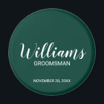 Modern Script Personalised Groomsman's Name Magnet<br><div class="desc">Personalised Groomsman Gifts
featuring personalised groomsman's name in white modern script font style with title and wedding date in modern sans serif font style on emerald green background.

Also perfect for best man,  father of the bride,  bridesmaid,  maid of honour,  mother of the bride and more.</div>