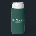 Modern Script Personalised Groomsmen Can Cooler<br><div class="desc">Modern Script Personalised Groomsmen Can Cooler
featuring personalised groomsman's name in white modern script font style with title and wedding date in modern sans serif font style on emerald green background.

Also perfect for Maid of Honour,  Flower Girl,  Mother of the Bride,  Groomsmen,  Best man and more.</div>