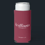 Modern Script Personalised Groomsmen Can Cooler<br><div class="desc">Modern Script Personalised Groomsmen Can Cooler
featuring personalised groomsman's name in white modern script font style with title and wedding date in modern sans serif font style on burgundy red background.

Also perfect for Maid of Honour,  Flower Girl,  Mother of the Bride,  Groomsmen,  Best man and more.</div>
