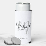 Modern Script Personalised Groomsmen Can Cooler<br><div class="desc">Add a personal touch to your wedding with personalised groomsmen can cooler. This can cooler features personalised groomsmen's name in grey modern script font style and monogram in light grey modern script font style as background with title and wedding date in grey modern sans serif font style on white background....</div>