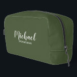 Modern Script Personalised Groomsmen Dopp Kit<br><div class="desc">Modern Script Personalised Groomsmen Gift
featuring personalised groomsman's name in white modern script font style with title and wedding date in modern sans serif font style on olive green background.

Also perfect for bridesmaid,  maid of honour,  flower girl,  mother of the bride,  best man and more.</div>