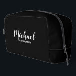 Modern Script Personalised Groomsmen Dopp Kit<br><div class="desc">Modern Script Personalised Groomsmen Gift
featuring personalised groomsman's name in white modern script font style with title and wedding date in modern sans serif font style on black background.

Also perfect for bridesmaid,  maid of honour,  flower girl,  mother of the bride,  best man and more.</div>