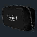 Modern Script Personalised Groomsmen Dopp Kit<br><div class="desc">Modern Script Personalised Groomsmen Gift
featuring personalised groomsman's name in white modern script font style with title and wedding date in modern sans serif font style on black background.

Also perfect for bridesmaid,  maid of honour,  flower girl,  mother of the bride,  best man and more.</div>