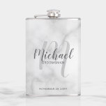 Modern Script Personalised Groomsmen Flask<br><div class="desc">Add a personal touch to your wedding with personalised groomsmen flask. This flask features personalised groomsmen's name in grey modern script font style and monogram in light grey modern script font style as background with title and wedding date in grey modern sans serif font style on white marble background. Also...</div>