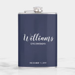 Modern Script Personalised Groomsmen Hip Flask<br><div class="desc">Modern Script Personalised Groomsmen Flask
featuring personalised groomsman's name in white modern script font style with title and wedding date in modern sans serif font style on navy blue background.

Also perfect for Father of the Bride,  Best man and more.</div>