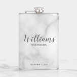 Modern Script Personalised Groomsmen Hip Flask<br><div class="desc">Modern Script Personalised Groomsmen Flask featuring personalised groomsman's name in grey modern script font style with title and wedding date in modern sans serif font style on white marble background. Also perfect for Father of the Bride, Best man and more. Please note: The marble details are simulated in the artwork....</div>