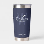 Modern Script Personalised Groomsmen Insulated Tum Insulated Tumbler<br><div class="desc">Modern Minimalist Personalised Monogram and Name Gifts This design features personalised name in white modern handwriting script font style and monogram in light navy blue modern sans serif font style as background, with wedding details in white modern sans serif font style on navy blue background. Also perfect for best man,...</div>