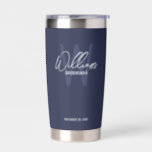 Modern Script Personalised Groomsmen Insulated Tum Insulated Tumbler<br><div class="desc">Modern Minimalist Personalised Monogram and Name Gifts This design features personalised name in white modern handwriting script font style and monogram in light navy blue modern sans serif font style as background, with wedding details in white modern sans serif font style on navy blue background. Also perfect for best man,...</div>