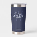 Modern Script Personalised Groomsmen Insulated Tum Tumbler<br><div class="desc">Modern Minimalist Personalised Monogram and Name Gifts This design features personalised name in white modern handwriting script font style and monogram in light navy blue modern sans serif font style as background, with wedding details in white modern sans serif font style on navy blue background. Also perfect for best man,...</div>