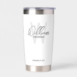 Modern Script Personalised Groomsmen Insulated Tumbler<br><div class="desc">Modern Minimalist Personalised Monogram and Name Gifts This design features personalised name in grey modern handwriting script font style and monogram in light grey modern sans serif font style as background, with wedding details in grey modern sans serif font style on white background. Also perfect for best man, maid of...</div>