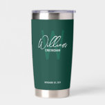 Modern Script Personalised Groomsmen Insulated Tumbler<br><div class="desc">Modern Minimalist Personalised Monogram and Name Gifts This design features personalised name in white modern handwriting script font style and monogram in light emerald green modern sans serif font style as background, with wedding details in white modern sans serif font style on emerald green background. Also perfect for best man,...</div>