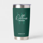 Modern Script Personalised Groomsmen Insulated Tumbler<br><div class="desc">Modern Minimalist Personalised Monogram and Name Gifts This design features personalised name in white modern handwriting script font style and monogram in light emerald green modern sans serif font style as background, with wedding details in white modern sans serif font style on emerald green background. Also perfect for best man,...</div>