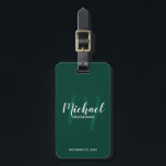 Modern Script Personalised Groomsmen Luggage Tag<br><div class="desc">Add a personal touch to your wedding with personalised groomsmen luggage tag. This luggage tag features personalised groomsmen's name in white modern script font style and monogram in light emerald green modern script font style as background with title and wedding date in white modern sans serif font style on emerald...</div>