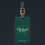 Modern Script Personalised Groomsmen Luggage Tag<br><div class="desc">Add a personal touch to your wedding with personalised groomsmen luggage tag. This luggage tag features personalised groomsmen's name in white modern script font style and monogram in light emerald green modern script font style as background with title and wedding date in white modern sans serif font style on emerald...</div>