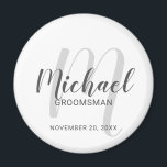 Modern Script Personalised Groomsmen Magnet<br><div class="desc">Add a personal touch to your wedding with personalised groomsmen magnet. This magnet features personalised groomsmen's name in grey modern script font style and monogram in light grey modern script font style as background with title and wedding date in grey modern sans serif font style on white background. Also perfect...</div>