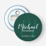 Modern Script Personalised Groomsmen Monogram&Name Bottle Opener<br><div class="desc">Add a personal touch to your wedding with personalised groomsmen bottle opener. This bottle opener features personalised groomsmen's name in white modern script font style and monogram in light emerald green modern script font style as background with title and wedding date in white modern sans serif font style on emerald...</div>