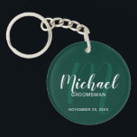 Modern Script Personalised Groomsmen Monogram&Name Key Ring<br><div class="desc">Add a personal touch to your wedding with personalised groomsmen keychain. This keychain features personalised groomsmen's name in white modern script font style and monogram in light emerald green modern script font style as background with title and wedding date in white modern sans serif font style on emerald green background....</div>