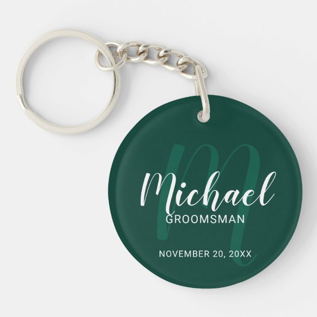 Modern Script Personalised Groomsmen Monogram&Name Key Ring (Front)