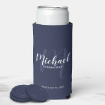 Modern Script Personalised Groomsmen Seltzer Can C Cooler<br><div class="desc">Add a personal touch to your wedding with personalised groomsmen can cooler. This can cooler features personalised groomsmen's name in white modern script font style and monogram in light navy blue modern script font style as background with title and wedding date in white modern sans serif font style on navy...</div>