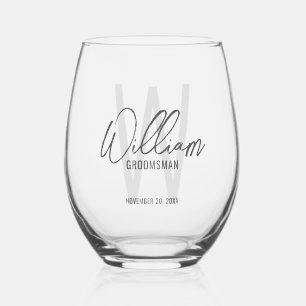 Modern Script Personalised Groomsmen Stemless Wine Glass