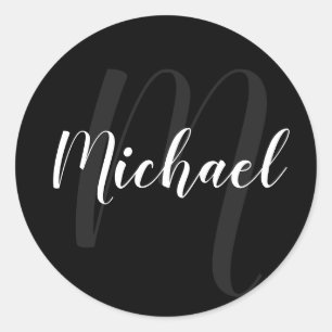 Modern Script Personalised Monogram and Name Black Classic Round Sticker