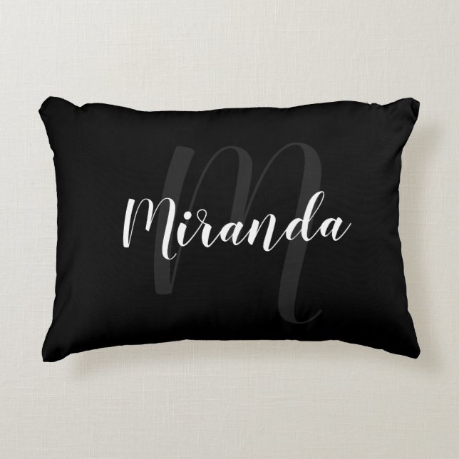 Modern Script Personalised Monogram and Name Black Decorative Cushion (Front)