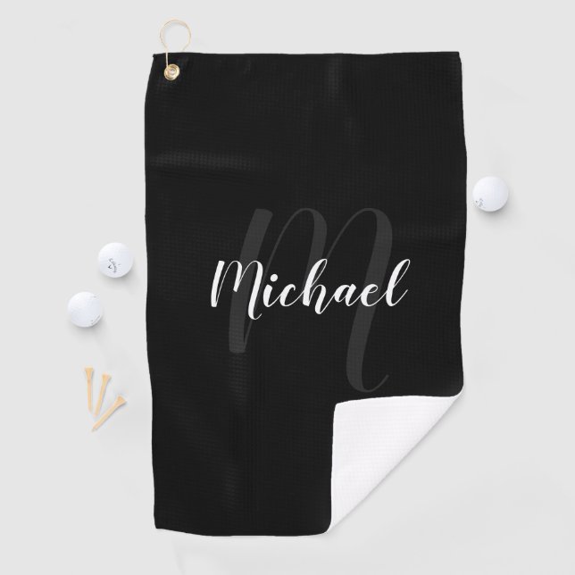 Modern Script Personalised Monogram and Name Black Golf Towel (InSitu)