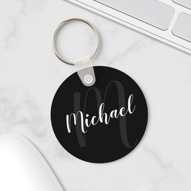 Modern Script Personalised Monogram and Name Black Key Ring (Creator Uploaded)