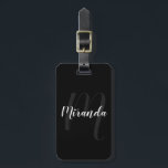 Modern Script Personalised Monogram and Name Black Luggage Tag<br><div class="desc">Personalised Monogram and Name Gift
featuring personalised name in white modern script font style and monogram in grey modern script font style as background
on black background.

Perfect as holiday gift,  family reunion favours,  thank you gift for bridesmaids and gift for any special occasions.</div>